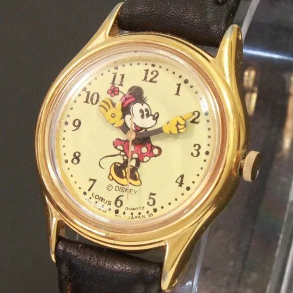 Lorus Ladies Mini Mouse Watch Gold Tone Case New Brown Leather Strap And Battery